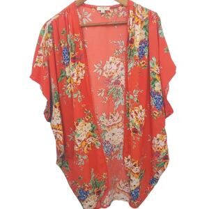 Umgee Womens Top S M Open Front Lightweight Floral Kimono Cardigan Fairy Red